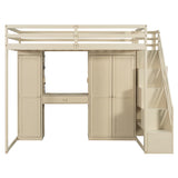 Full Size Loft Bed Frame with Reversible Storage Staircase, Dressing Table, Wardrobe, USB Charging & LED Lights