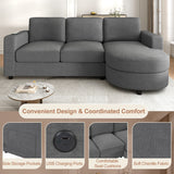 84.6"W L-Shaped Sectional Sofa with Curved Chaise Lounge, Chenille Fabric Couch with 2 USB Ports & Side Storage Pockets, Gray