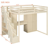 Full Size Loft Bed Frame with Reversible Storage Staircase, Dressing Table, Wardrobe, USB Charging & LED Lights