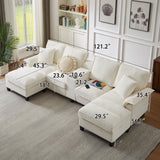120" Modular Corduroy Sectional Sofa with Storage, Modern U-Shaped 4-Seater Sofa with Cup Holders, Beige