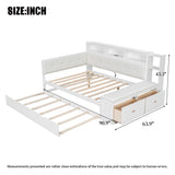 Full Size Daybed Sofa Bed Frame with Trundle, Storage Shelves, Charging Station & Upholstered Side Bench
