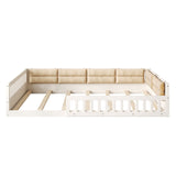 Full Size Upholstered Platform Bed Frame, Toddler Beds with Guardrail and Pillow, Beige-ModernLuxe