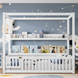 Twin Montessori Floor Bed Canopy Bed Frame with Built-in Shelves & Safety Guardrails, White