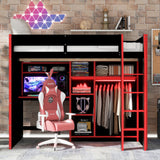 Full Size Wood Gaming Loft Bed with Desk, Open Wardrobe, Storage Compartments & RGB Lights, Red