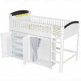 Twin Size Loft Bed with Storage Cabinet, Wardrobe and LED, White and Espresso