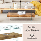 Rectangular floating coffee table, wooden color glass legs, 43.3" wide x 23.6" long x 16.7" high