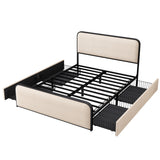 Modern Metal Bed Frame with Curved Upholstered Headboard and Footboard Bed with 4 Storage Drawers, Heavy Duty Metal Slats