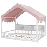 Full Size Wooden Floor Bed,House-Shaped Daybed with Fense,3 Storage Bookshelves,Curtain and LED Light