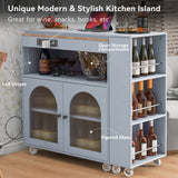 Rolling Kitchen Island With Extended Table, Kitchen Island on Wheels with LED Lights,Power Outlets and 2 Fluted Glass Doors, Kitchen Island with a Storage Compartment and Side 3 Open Shelves