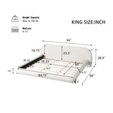King Size Bed Frame with Boucle Fabric, Upholstered Platform Bed with Curve-Shaped Design & Thick Headboard, White
