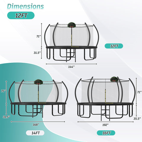 Trampoline with Basketball Hoop for Kids and Adults, Round Outdoor Trampoline with Enclosure Net & Curved Poles & Ladder