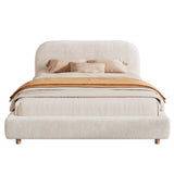 Queen Size Upholstered Bed With Boucle Fabric,Curved-Shape Design Thick Headboard, Solid Wood Legs,White