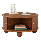 Round Fluted Coffee Table with Storage, Pine Solid Wood, Sliding Door
