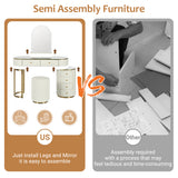 Luxury Makeup Vanity Desk with 3-Color LED Mirror & Stool, Adjustable Length Vanity Table with Movable Side Cabinet, 6 Drawers Storage, Marble-Look Sticker Top, PU Leather Drawers, Gold Stainless Steel