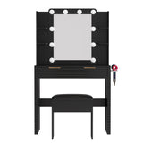 Makeup Vanity Desk with 10 Hollywood Bulbs, Fluted Dressing Table with Charging Station, 2 Drawers and 4 Open Shelves, Hairdryer Holder, Padded Stool with Storage , Black