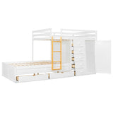Full Size Bunk Bed with 2 Large Drawers & 5 Small Drawers, MDF & Solid Wood Construction, Modern Storage Design with Small Wardrobe