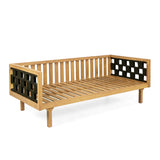 Luxury Acacia Wood Outdoor Daybed Set - Three-Seater Daybed with Beige Cushions & Black Rope, Teak Finish, Includes Round Acacia Wood Side Table, Perfect for Patio, Balcony, Garden