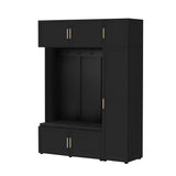 American Style 4-in-1 Hall Tree with Padded Bench, 4 Hooks, Cabinents & Storage Shelves for Entryway, Mudroom