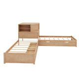 L-Shaped Combination Twin Bed Frame with Trundle and Drawer,3-in-1 Low Corner Platform Bed Linked with Built-in Desk and Led Downlight, Natural
