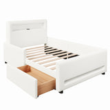 Twin Size upholstered platform bed with drawer, LED light strip, USB port, White