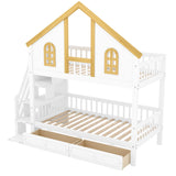 Twin Size Wooden House Roof Bunk Bed with Window Door and Roof,Storage Drawers and Staircase,White+Natural