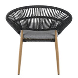 Cyril Outdoor Wicker Papasan Style Dining Chair, Teak Finished Leg and Dark Gray Faux Rattan, Gray Cushion, Set of 2