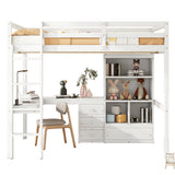 Full Size Loft Wood Bed with Desk, Storage shelves and Drawers, Built-in Ladder, High Loft Bed with Desk, Storage Shelves and Drawers,Guardrails