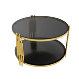 Modern Black Mirror Coffee Table, Asymmetrical Metal, Circular Metal Drum Base, Gold Finish & Lower Shelf