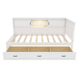 L-Shaped Bed Frame with Drawer and and Bookcase,Corner Bed Wooden Captain Bed with Led Downlight and USB Port for Small Room,Bedroom, Guest Room