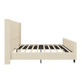 High Headboard Corduroy Upholstered Bed Frame with Vertical Stripe Wingback and High Footboard No Box Spring Needed