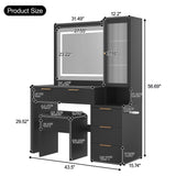 43.5" Vanity Desk with Mirror and Lights, Fluted Makeup Vanity with Charging Station, 5 Drawers and a Glass Door Cabinet, Dressing Table set with Hairdryer Holder and Storage Stool for Bedroom, Black