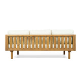 Three-Seater Outdoor Daybed with Beige Cushions & Black Flat Rope, Acacia Wood Frame Teak Finish, 67.5'' L x 32'' W x 24.24'' H Patio Garden Deck Lounge Sofa for Outdoor
