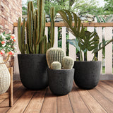 Set of 3 MGO Round Planters, Crackle Stone Textured Outdoor Flower Pots with Drainage & Rubber Plugs