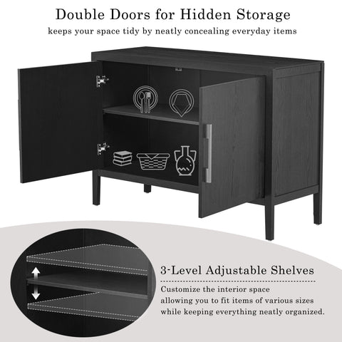 Farmhouse Sideboard with Ash Veneer and 2 Doors, Retro Buffet with 3-Tier Shelves and Adjustable Feet, Wooden Storage Cabinet with Iron Handles, Black