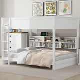 Queen over Queen Bunk Bed with Storage Shelves and USB Ports, White