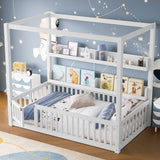 Twin Montessori Floor Bed Canopy Bed Frame with Built-in Shelves & Safety Guardrails, White