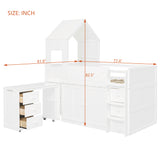 Twin Size Wooden Loft Bed with Desk, Drawers & Cabinets, All-in-One Bed Frame, House-Style Roof & Space-Saving