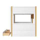 Full over Full Bunk Bed Kid Playful House Bed with Storage Shelves & Drawers, White+Natural