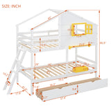 Twin over Twin Bunk Bed with 2 Drawers, 1 Storage Box, 1 Shelf, Window and Roof, White