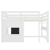 Full Size Loft Bed House Kids Loft Bed Frame with Double-Sided Sliding Chalkboard, Bookshelf & Safety Guardrails, White