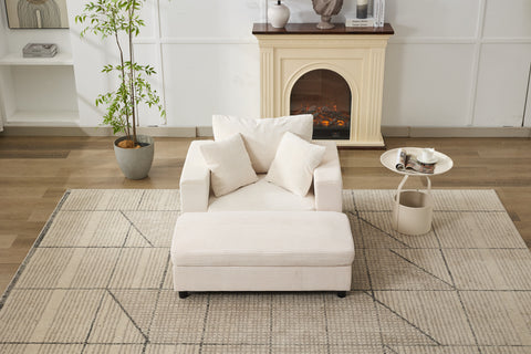 Chaise Lounge with Removable Ottoman, Corduroy Upholstered Armchair Accent Chair Sleeper Sofa Chair, Beige