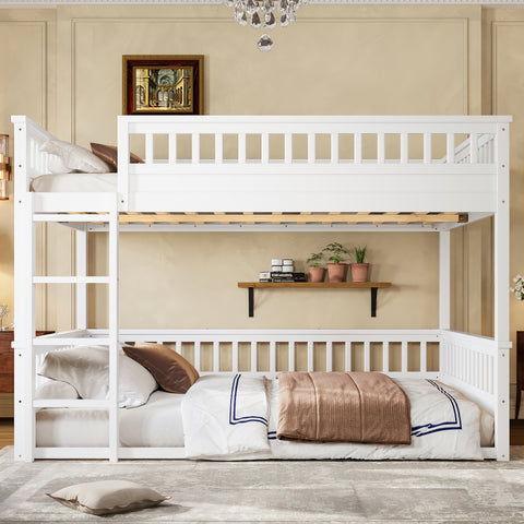 Queen Bunk Bed with Ladder and Guardrails, Detachable Bed Frame, White