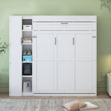 Full Size Murphy Bed Space-saving Wall Bed Foldable Bed with Shelves, Wardrobe & LED Light