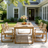 5-Piece Outdoor Dining Table Set, 71" Acacia Wood Table with Cushions + 6 Rope Back Dining Chairs,