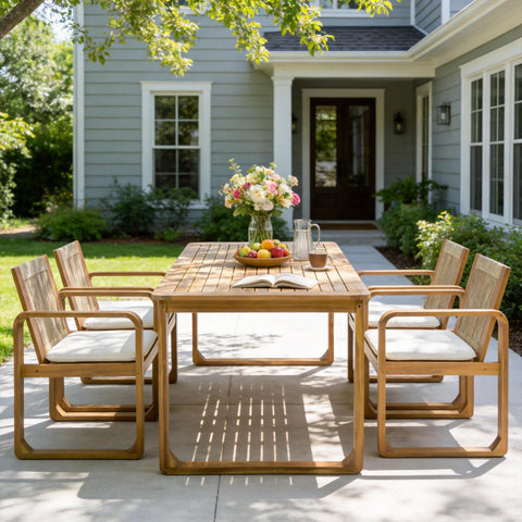 5-Piece Outdoor Dining Table Set, 71" Acacia Wood Table with Cushions + 6 Rope Back Dining Chairs,