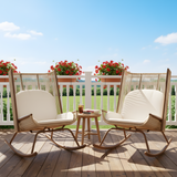 Outdoor Rocking Chair with High Arc Backrest & Cushion, PE Rattan Patio Rocker, Modern Wicker Lounge Chair, Beige, 2pcs