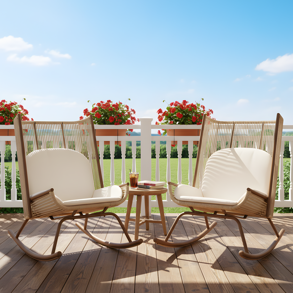 Outdoor Rocking Chair with High Arc Backrest & Cushion, PE Rattan Pati ...