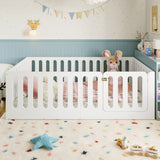 Wood Montessori Floor Bed for Kids, Twin Size Low Profile Floor Bed Frame with High Guardrails & Built-in Door