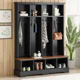 Farmhouse 59"W Wide Hall Tree with 8 Hooks, Practical Entryway Bench with Open Compartments, 76.7"H Modern 3-in-1 Wooden Style Coat and Shoe Rack for Mudroom, Living Room, Black