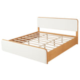 King Size Platform Bed Frame with White Upholstered Headboard & Footboard, Natural